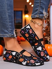 abordables Pour les femmes-Ballerines Mary Jane pour femme, style Halloween – Chaussures vintage à imprimé fantômes et citrouilles avec bride à boucle pour soirée costumée, collecte de bonbons et tenue décontractée