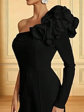 preiswerte Overalls für Mütter-Overalls Bodenlang Brautmutterkleid Langarm Ein-Schulter Elegant Einfach Hochzeitsgast Formeller Abend Stretchstoff mit Blume Einfarbig