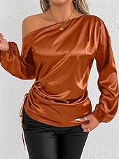 voordelige Elegante topjes-Dames Overhemd Satijnen overhemd Effen Kleur Stijlvol Casual Lange mouw koude schouder Normale tops Dagelijks Uitgaan Asymmetrisch Geel Bruin Lente Herfst