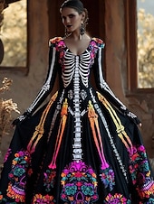 Halloween Women's Maxi Dress Pleated Dress Boho Party Date Going out Regular Fit Skull Long Sleeve V Neck Black Wine Fall Winter4