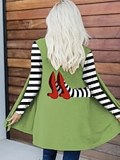billige Halloween yttertøy-Halloween Kvinners Vinterjakke Trench Coat Lett Behagelig Heks Trykk Åpen Front Vintage Mote Uformell Heks Ferie Uformell Lang Kragefri Regulær Fit Langermet Yttertøy Svart Hvit