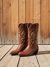 ieftine Cizme Cowboy &amp; Western-Cizme cowboy pentru femei cu cusături western brodate, vârf ascuțit și toc bloc jos - încălțăminte urbană casual elegantă pentru ținute de stradă și de zi cu zi