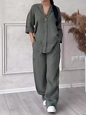 cheap Sets-Women&#039;s Elegant Fashion Streetwear Cotton Linen Sets Long Sleeve Crew Neck Solid Color Outdoor Casual Daily Dark Grey White Pink Summer Loose Fit