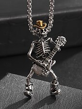 abordables Accesorios de Halloween-Collar con colgante de guitarra y calavera de Halloween para hombre, cadena de metal estilo rock punk, ideal para fiestas, conciertos y vida nocturna.