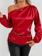  Mulheres Camisa Social Elegant Elegante Top de cetim Assimétrico Côr Sólida Tecido à moda Casual Manga Longa ombro frio Tops regulares Diário Para Noite Vermelho Verão Primavera Outono