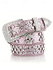 abordables Accessoires d&#039;Halloween-Ceinture unisexe Halloween en strass avec tête de mort – Accessoire de taille en similicuir punk rock scintillant pour fêtes, concerts et costumes