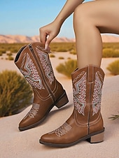 levne Cowboy &amp; Western Boots-Dámské hnědé kovbojské westernové boty z umělé kůže s vyšívaným prošíváním, nízké podpatky do půli lýtek na rodeo, festivaly i každodenní nošení