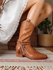 baratos Cowboy &amp; Western Boots-botas de cowboy femininas com tira trançada e detalhes de tachas, calçados estilosos para passeios casuais e eventos com tema western