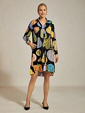 cheap Casual Dress-Women&#039;s Black Pumpkin Print Shirt Dress V Neck Loose Fit Asymmetrical Hem Split Design Elegant Stylish Daily Work Party Fall