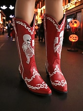 お買い得  女性向け-女性用ハロウィンスケルトン刺繍カウボーイブーツ - コスチュームパーティー、不気味なフェスティバル、夜のストリートスタイルに最適なゴシックウエスタンロングブーツ