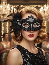 billige Motetilbehør-Damemaske med fjær og paljetter i burgunder med strass, gotisk venetiansk stil, kostymetilbehør til halloween-fester og maskeradeball