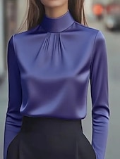 cheap Dressy Tops-Women&#039;s Shirt Dressy Blouse Plain Elegant Stylish Long Sleeve High Neck Regular Tops Work Holiday Going out Ruched Black White Purple Khaki Spring Fall