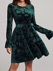 economico Abito Floreale-Per donna Abito Midi Abito in Velluto Abito da Cocktail Elegante Moda Moderno Quotidiano All'aperto Festa serale Vestibilità regolare Floreale Semplice Manica Lunga Girocollo Verde scuro Primavera