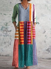 ieftine Rochie cu dungi și geometrică-Pentru femei Rochii Midi Rochie de schimb Casual Zilnic Fit regulat Grafic Geometric Manșon Lung În V Galben Roșu-aprins Albastru piscină Portocaliu Primăvară Toamnă