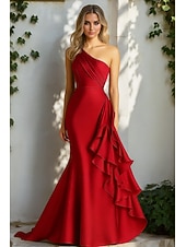 tanie Suknie wieczorowe syrenki-Syrena Suknia wieczorowa Elegancja Suknia formalna Formalny Ślub Tren sweep Bez rękawów Na jedno ramię Satyna z Z marszczeniami Falbany 2025