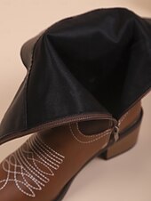 levne Cowboy &amp; Western Boots-Dámské hnědé kovbojské westernové boty z umělé kůže s vyšívaným prošíváním, nízké podpatky do půli lýtek na rodeo, festivaly i každodenní nošení