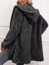 お買い得  フリースライニングジャケット-女性用 冬物コート シェルパジャケット 快適 高通気性 オープンフロント カジュアル 平織り バケーション ストリート カジュアル デイリーウェア オープンフロント ロング フード付き ルーズフィット 長袖 アウターウェア ブラック 春 秋