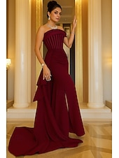 cheap Ball Gown Evening Dresses-Mermaid / Trumpet Court Train Evening Gown Ball Gown with Overskirt Formal Dress Elegant Sleeveless Off Shoulder Formal Wedding Satin Stretch Crepe with Ruched Crystals Overskirt 2025