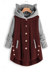 halpa Fleece-vuoratut takit-Naisten Sherpa takki Mukava Hengittävä Tasku Napit Vapaa-aika Tavallinen Loma Katu Kausaliteetti Arki-asut Yksirivinen Pitkä Hupullinen Loose Fit Pitkähihainen Päällysvaatteet Musta Punastuvan