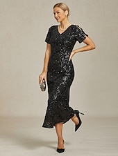  Per donna Abito maxi Tubino Abito a sirena Elegante Festa cocktail Spalle scoperte Festa serale Cocktail party Paillettes Floreale Manica Corta Scollo a V Nero