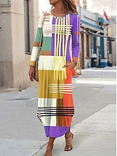 preiswerte Streifen- und geometrisches Kleid-Damen Midikleid Etui-Kleid T-Shirt-Kleid Urlaub Lässig Boho Ferien Date Normale Passform Grafik Geometrisch Abstrakt Langarm Rundhalsausschnitt Gelb Rosa Blau Purpur Frühling Herbst Winter