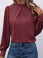 Χαμηλού Κόστους Επίσημες Μπλούζες-Γυναικεία Πουκάμισο Κομψή Φιλάρεσκος Σατέν Μπλούζα Συμπαγές Χρώμα Στυλάτο Καθημερινό Μακρυμάνικο Ζιβάγκο Κανονικά μπλουζάκια Καθημερινά Εξόδου Μαύρο Κίτρινο Πράσινο Ανοικτό Ρουμπίνι Βυσσινί