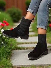 abordables Botines-Botines de ante sintético marrón claro para mujer con caña de punto acanalado: acogedores botines estilo Chelsea para otoño e invierno, ideales para looks informales.