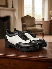 baratos década de 1950-Sapatos oxford brogue vintage preto e branco femininos dos anos 1950 com cadarço e salto baixo - calçados retrô oktoberfest para uso casual, trabalho e cosplay
