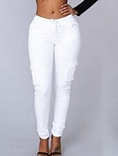 baratos Calças Skinny Femininas-Mulheres chinês calças justas Moda Roupa de rua Casual Comprimento total Cintura Alta Tecido Com Cordão Bolsos Confortável Macio Micro-Elástica Ao ar livre Rua Branco Verde Tropa Vermelho Verão