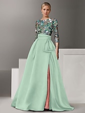 economico Abiti da Sera a Linea A-Abito da Sera A-Line Ricamato Floreale Elegante Formale Matrimonio Lungo Fino al Pavimento Mezza Manica Collo a Camicia di Satin con Fiocco(e) Spacco