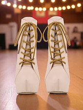 baratos Festa da Vida Noturna-Botas femininas plataforma de couro sintético bege com cadarço - sapatos de festa com salto alto e salto agulha para vida noturna e balada
