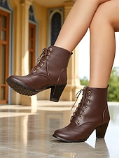 abordables Années 1950-Bottines brogues à lacets marron vintage années 1950 pour femmes – bottines à talons ronds en similicuir pour tenues rétro, tenues de tous les jours et mode automnale