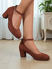 abordables Block Heels-Escarpins Mary Jane à talon carré en daim rose pour femme – bout rond, bride cheville et pendentif breloque pour le bureau, les soirées en amoureux et au quotidien