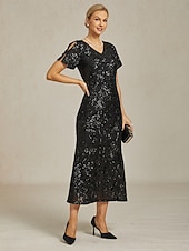  Per donna Abito maxi Tubino Abito a sirena Elegante Festa cocktail Spalle scoperte Festa serale Cocktail party Paillettes Floreale Manica Corta Scollo a V Nero