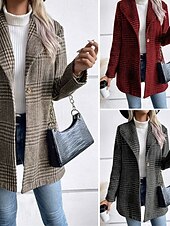 cheap Blazers &amp; Suits-Women's Blazer Comfortable Buttons Elegant Fashion Outdoor Lattice Going out Casual Daily Weekend Single Breasted Regular Lapel Regular Fit Long Sleeve Outerwear Red Camel Gray Spring Fall