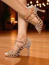 abordables Zapatos de baile latino-Zapatos de baile latino con tiras y hebillas de diamantes de imitación blancos para mujer: sandalias profesionales de salsa para fiestas Gatsby y eventos de baile vintage.