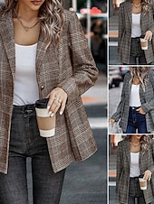 billiga Blazers och kostymer-Dam Kavaj Bekväm Knappar Elegant Mode Utomhus Galler Utekväll Ledigt / vardag Helgen Cardigan Normal Kavajslag Normal Långärmad Ytterkläder Svart Orange Vår Höst