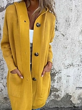 preiswerte Offene Frontstrickjacke-Damen Pullover Strickjacke Streetwear Lässig Einfarbig Mit Kapuze Tasche Knöpfe Gestrickt Langarm Lange Oberteile Stricken Täglich Ausgehen Wochenende Schwarz Gelb Herbst Winter