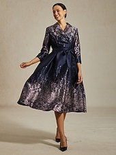 Per donna Abito Midi Tubino Elegante Compleanno Floreale Manica 3/4 Colletto a Camicia Blu marino Estate Primavera Autunno Inverno economico Abito Floreale-Per donna Abito Midi Tubino Elegante Compleanno Floreale Manica 3/4 Colletto a Camicia Blu marino Estate Primavera Autunno Inverno