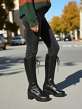 tanie Buty modowe-Damskie czarne, sznurowane buty na platformie za kolano, na grubym obcasie, ze sztucznej skóry, w stylu bojowym, idealne na jesień i zimę, do noszenia na mieście i na co dzień