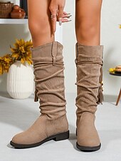 levne Slouch Boots-Dámské khaki kozačky s volným výstřihem a střapcem – ležérní zimní boty ve stylu imitace semiše pro každodenní nošení i na slavnosti