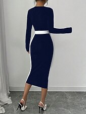 billiga Randig och geometrisk klänning-Dam Midiklänning Sheath Dress Ledigt Helgdag Utekväll Normal Randig Långärmad Fyrkantig hals Svart Fuchsia Mörkblå Vår Höst Vinter
