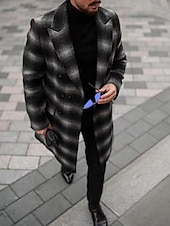 abordables Men's Trench Coat-Men's Overcoat Trench Coat Long Trench Coat Vacation Daily Fall Winter Polyester Windproof Warm Outerwear Clothing Apparel Fashion Classic Plaid Pocket Lapel Open Front