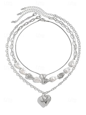 preiswerte Halskette für Damen-Damen-Mehrfachkette mit Herzanhänger – goldenes Kettenhalsband mit Perlenakzenten, Modeschmuck für Partys, Verabredungen und den Alltag