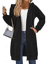 halpa huppari takki-Naisten Huppari takki Mukava Hengittävä Vetoketju Tasku Vapaa-aika Tavallinen Loma Katu Kausaliteetti Arki-asut Vetoketju Pitkä Hupullinen Normaali Pitkähihainen Päällysvaatteet Laivasto Musta