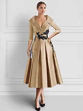 preiswerte Cocktailkleider-Bestickte A-Linie Cocktailkleider Smoking Kleid Brautmutter Elegant Formal Knöchellang 3/4 Länge Ärmel Hemdkragen Tasche Satin mit Applikationen