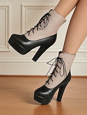 baratos Botas com salto-Botas femininas de salto alto com cadarço cor de vinho – botinhas plataforma estilo brogue vintage com painel de lona para festa e moda de outono