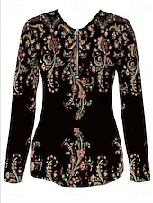 Недорогие Бохо футболка-Женская футболка с короткой молнией на груди длинный рукав повседневная графическая tribal винтажная бохо тропическая гавайская V-образный вырез обычные топы для повседневной носки черная весна осень