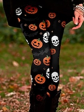 billige Halloween-bukser-Dame Leggings Ferie Årgang Mote Ankel-lengde Høy MidjePantsHalloween Grafisk Hodeskaller Gresskar Printer Myk Pustende Elastisk Feriereise Gate Avslappet Svart 1 # Svart Oransje Høst Vinter Slank