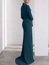 billiga Kjolklänningar för kväll-A-linjeformad aftonklänning Elegant klänning formell bröllop golvlängd lång ärm skjortkrage stretch crepe med slits axelblomma